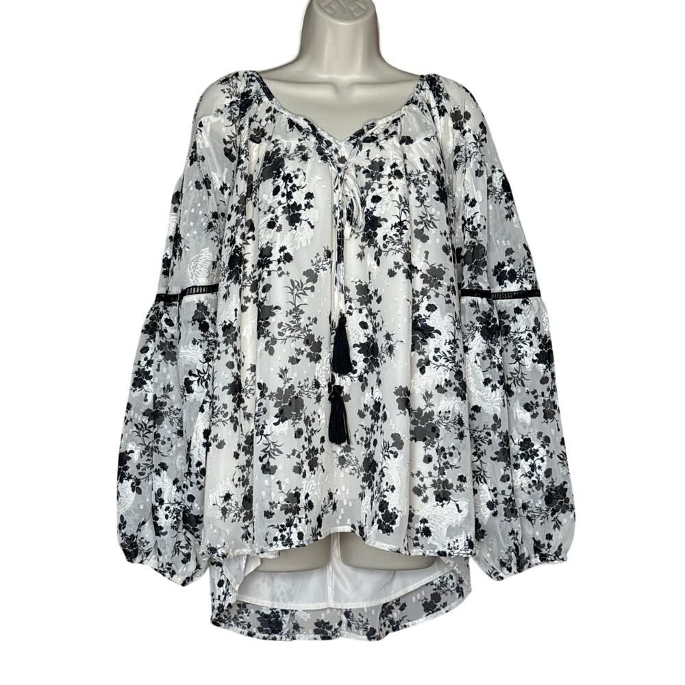 Easel Cream Black Floral Balloon Sleeve Lined Blouse 1X NWOT